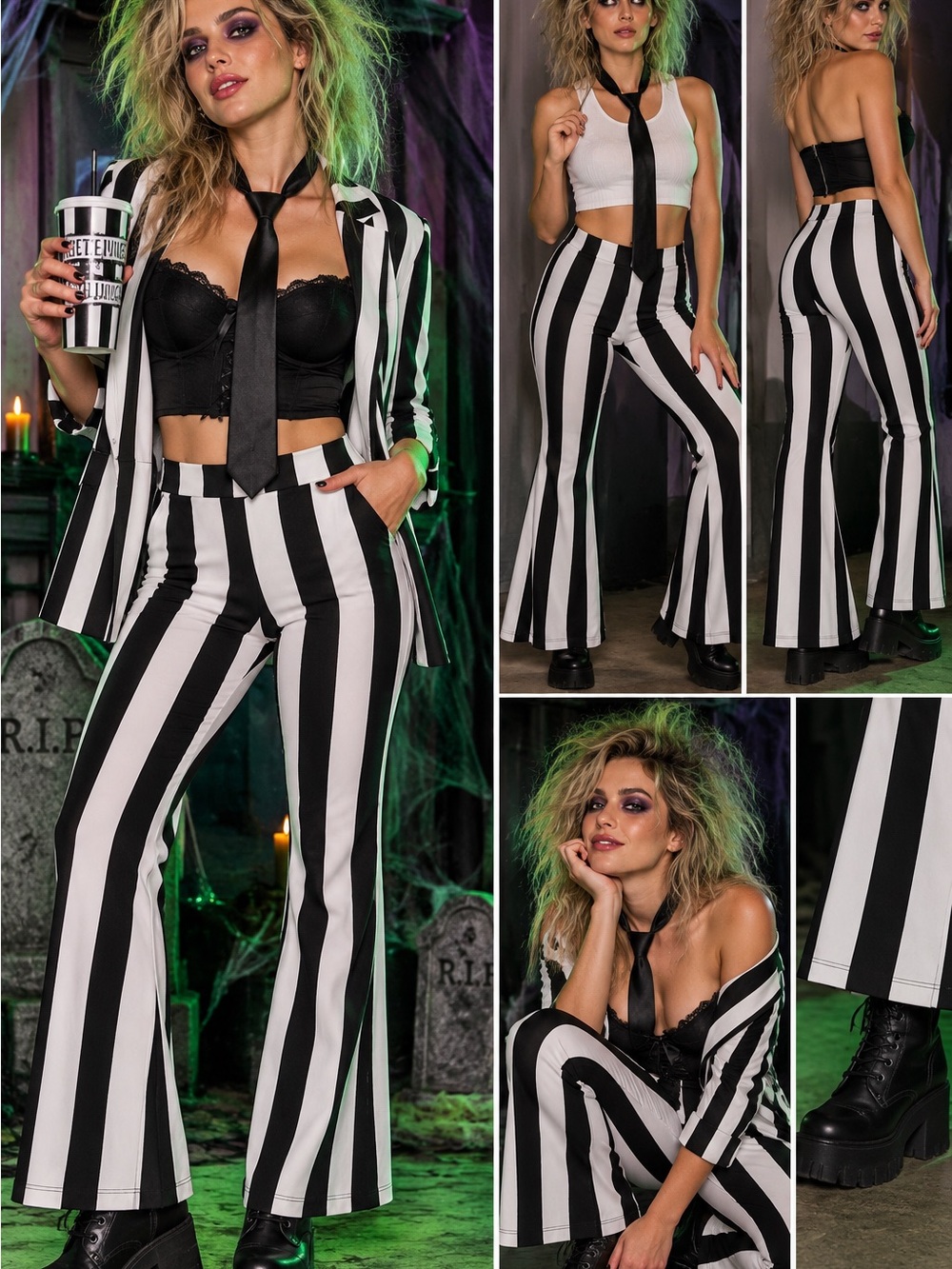 INC Striped Black & White High-Waist Flare Pants